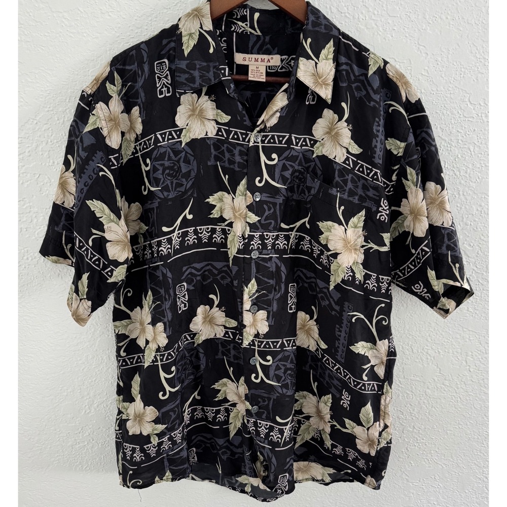 Vintage Summa Hawaiian Camp Shirt Silk Blend Men's Medium Floral Button Down 90s